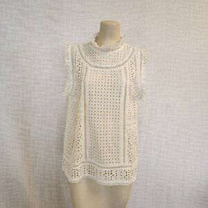 NWT Sundance W-L White Cotton Eyelet Sleeveless Top Shell W/ Ruffled Collar A264